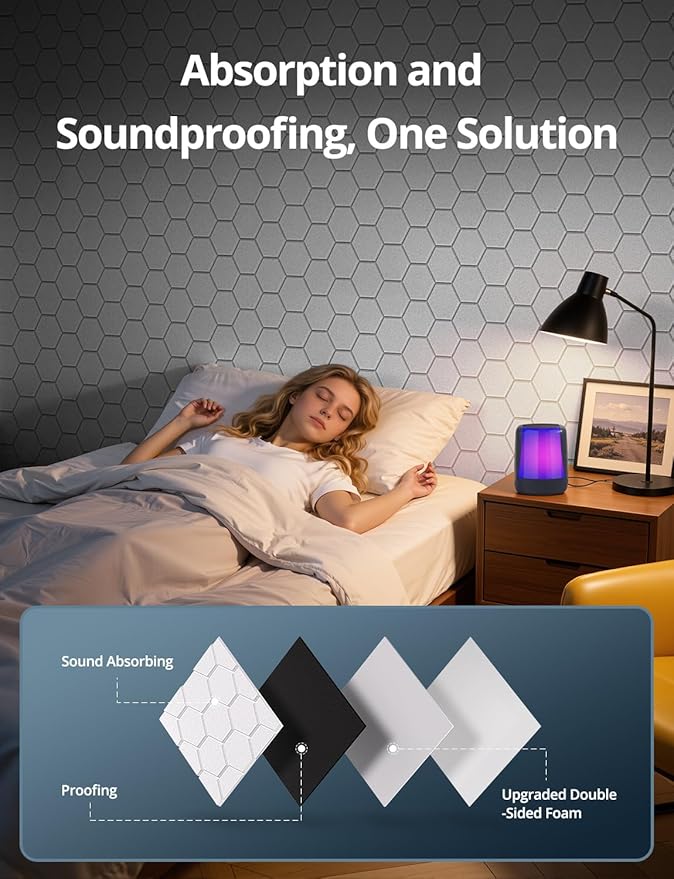 Kuchoow Mass Loaded Vinyl Soundproof Foam Wall Panels for Noise Reducing and Absorbing, Hexagon White 12 Pack 12" x 12" x 0.4” Acoustic Panel for Studio Room, Decorative Tiles for Ceiling, Door