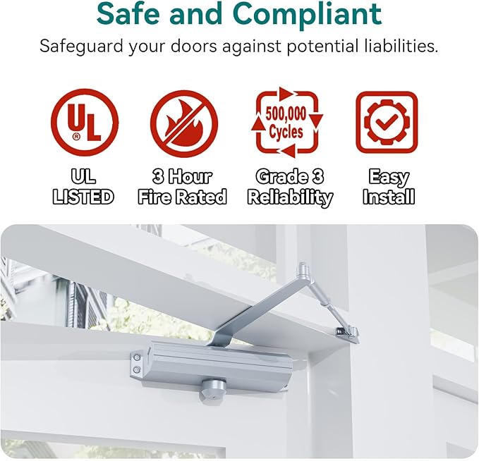 Automatic Door Closer, Self Closing, Adjustable Grade 3 Spring Hydraulic, UL 3 Hour Fire Rated, Medium Duty, Half Million Cycles, Residential and Light Commercial Use, Silver Aluminum