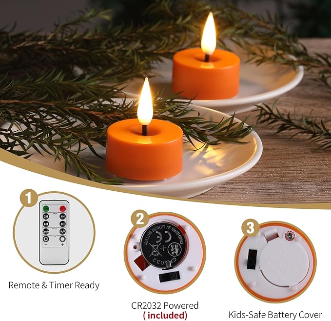 Eywamage Orange LED Tealights with Remote Batteries, Flickering Flameless Tea Votive Candles Decor Set of 12