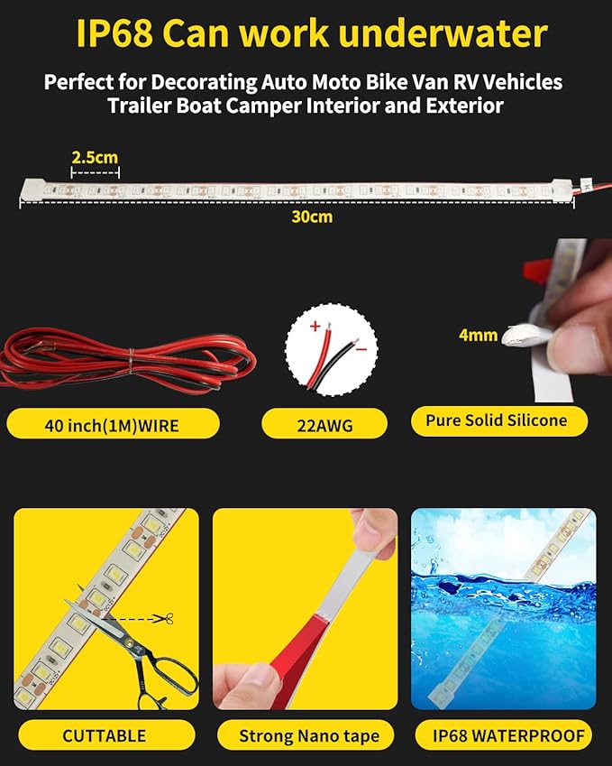 YM E-Bright Golf Cart Light 30CM 36SMD DC12V Waterproof LED Strip for Car Interior & Exterior Decoration DRL Day Running Light,White(Pack of 4)
