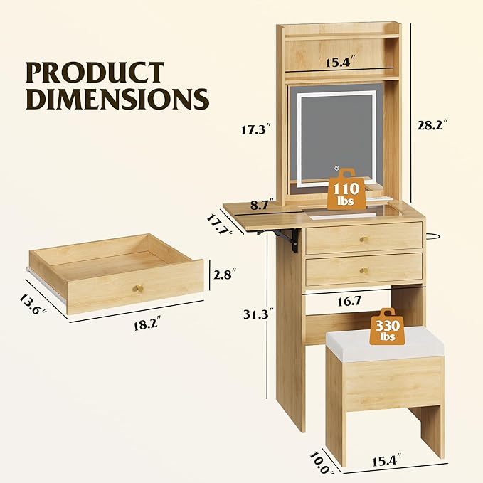 WLIVE Small Vanity Desk with Mirror and Lights, Dressing Table with 2 Drawers, Fold-up Panel and Chair, Makeup Vanity Set with Charging Station for Small Space, Bedroom, Natural Oak