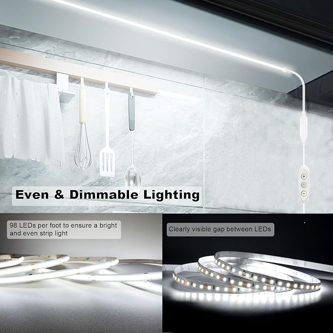 5v COB Led Strip Lights USB Powered 6000k White CRI93+ 6ft Dotless Led Tape Light with Dimmer, Flexible & Cuttable Dimmable COB Strips for Sewing Machine 3D Printer TV DIY Cabinet Lighting