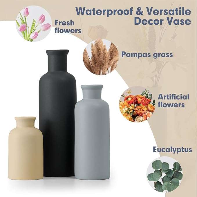 Ceramic Vase Set of 3, Neutral Rustic Vases for Farmhouse Decor, Pampas Grass & Dried Flowers and Table Living Room Home Decor