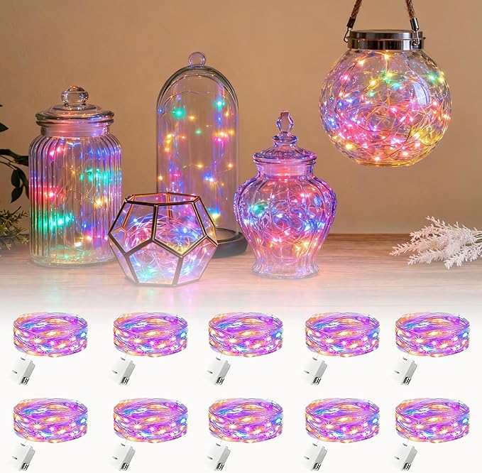 Lemical 10 Pack Fairy Lights Battery Operated 9.8FT 30 LED Twinkle Lights 3 Modes Waterproof Bulk Mini Copper Wire Firefly String Light for Christmas Mason Jars DIY Wedding Table Decor(Multicolor)