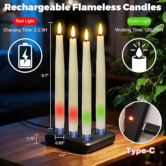 Wondise Rechargeable Flameless Taper Candles, Battery Operated Candles with Remote&Timer, Real Wax LED Candlesticks 3D Wick Flickering for Home Wedding Christmas Decor