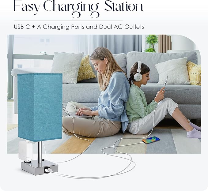 Bedside Lamp with USB Ports - Touch Control Table Lamp for Bedroom with USB C+A Charging Ports & AC Outlets, 3 Way Dimmable Nightstand Light with Flaxen Shade for Living Room (LED Bulb Included, Blue)
