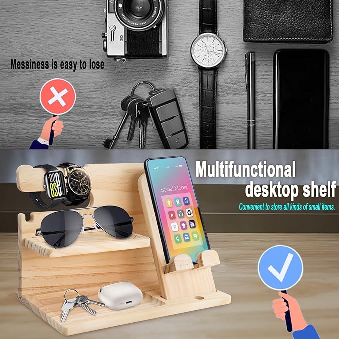 Nightstand Organizer for Men Night Stand Organizers Men Bedside Organizer Phone Holder Wood Phone Docking Station Wood Desk Organizer Mens Birthday Souvenir Ideas(Beige)