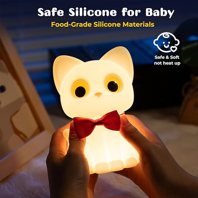 AVEKI Cat Night Light for Kids, Cute Squishy Silicone Cats Lamp for Baby Toddler Newborn Nursery, Dimmable Touch Night Light for Kids Room, Rechargeable Small Bedside Lamp Gifts for Girls (Cat)