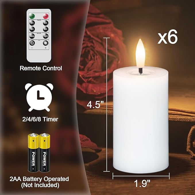 Mirror Surface Votive Candles Battery Operated with Remote Timer, 6pcs Real Wax LED Votive Candle Realistic Flickering for Wreaths Memorial Lantern Φ 2" H 4.5” White