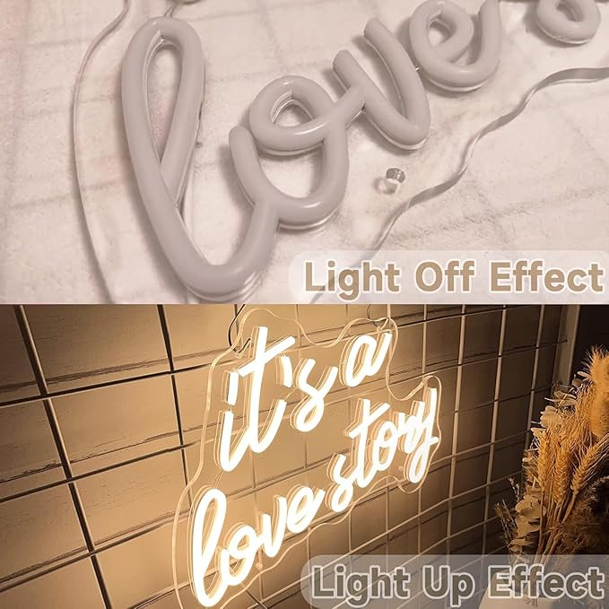 It's a Love Story LED Neon Signs for Wall Decor Neon Wall Art Acrylic LED Lights with Hanging Chain Light Up for Bedroom Decor Graduation Bar Pub Wedding Party 5V USB Powered Dimmable