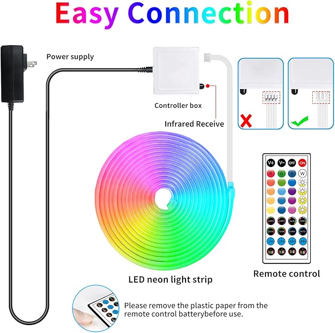 32.8ft LED Neon Lights with Remote and APP Control, IP65 Waterproof Flexible Neon Strip Lights 24V RGB LED Rope Lights for Bedroom,Living Room,DIY Decoration（with Snap &Screws）