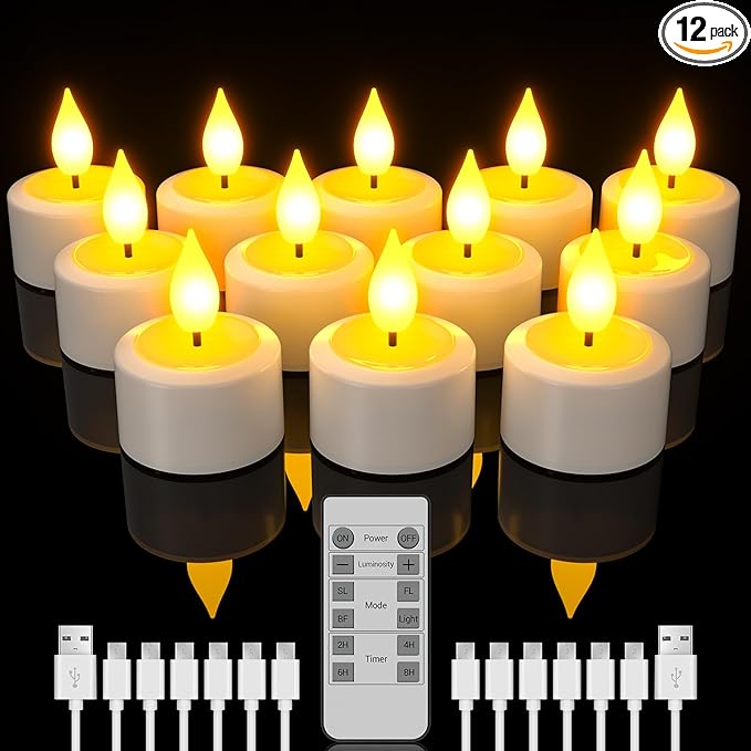 SoulBay Rechargeable Tea Lights with Remote, 12pcs Flameless Flickering LED Candles with Timer & USB Charging Cable, No Battery Needed, for Home Lantern Table Party Holiday Decorations