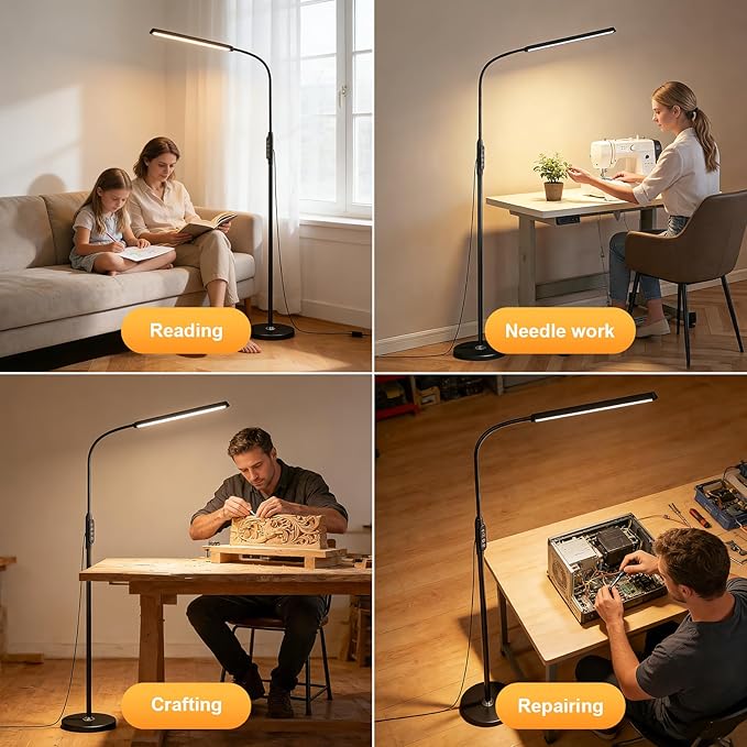 Bright LED Eye-Protecting Reading Floor Lamps Touch and Remote Dimming 3000-6000k, Tattoo Craft Drawing Makeup Adjustable Gooseneck Standing Light,Living Room Chair Sofa Bedroom Office