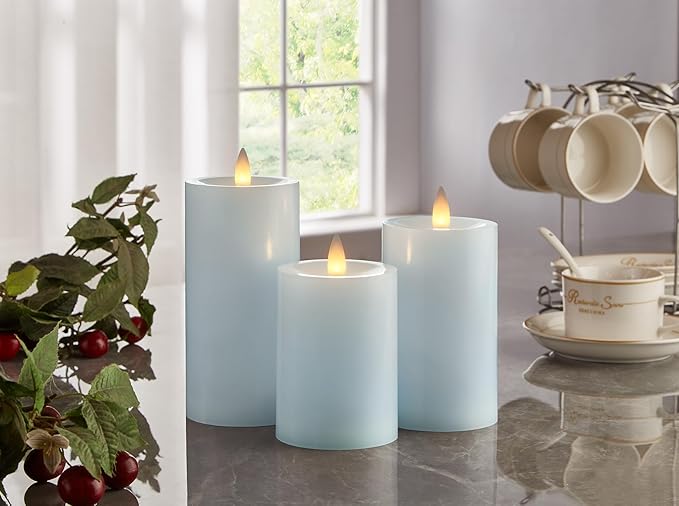 Flameless Pillar Candles Flickering with Remote Timer, Battery Operated LED Candles Up to 400 Hours, 3D Moving Flame Real Wax Candles. (Blue)