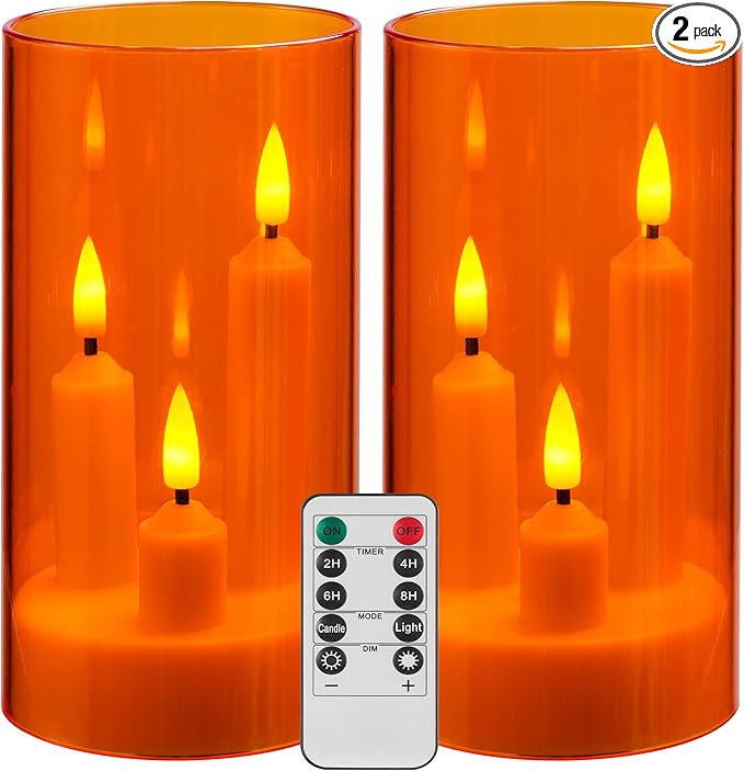 Da by Flameless Candle, Battery-Powered Candle with Remote Control and Timer, LED Three-Wick Pillar Candle, Romantic Wedding, Perfect Home Décor, 2 Pack (Orange)