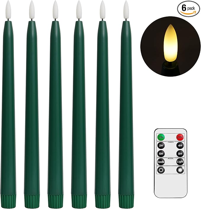 Green Flameless Taper Candles with Remote Control - 11 Inch LED Candlesticks Battery Operated, Realistic 3D Flame with Wick, Timer, Christmas Decor - Set of 6