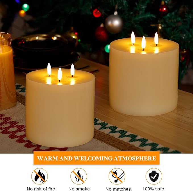 Extra Large Flameless Candles, 6"x6" Real Wax Battery Operated Candles with Remote and Timer, Flickering LED Pillar Candles with 3 Wicks for Home, Wedding, Party, Holiday, Ivory