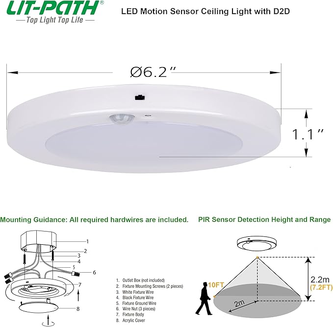 LIT-PaTH LED Flush Mount Ceiling Light, Closet Lighting Fixture with Motion Sensor and Dusk to Dawn, 10.5W, 800 Lumen, 6.2 Inch, Anti-Rust Galvanized Housing, White Finish 5000K 1-Pack