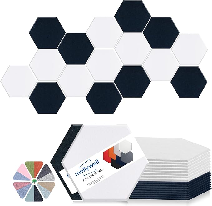 Mollywell Hexagon Acoustic Panels 14x12 - Reduce Echo & Reverb, Noise Blocking Wall Tiles for Home Office & Studio, Deep Blue & White Sound Absorbing Panels