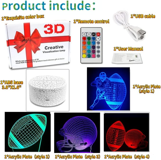 3D Night Light - Football 4 Patterns Hologram Lamp, Dimmable Remote/Smart Touch, 16 Color Changing LED, Room Decor Bedside Desk Lamp, Gift for Football Fans