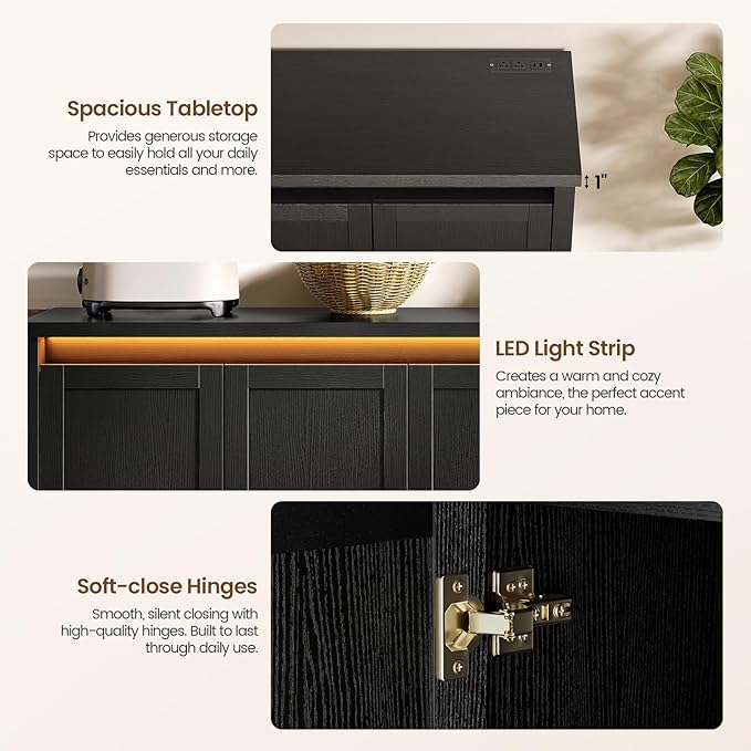 60'' Sideboard Buffet Cabinet with Storage, Modern Coffee Bar Cabinet with Power Outlets, LED Light, 4 Doors & Adjustable Shelves, Buffet Table for Kitchen, Dining Room, Living Room, Black