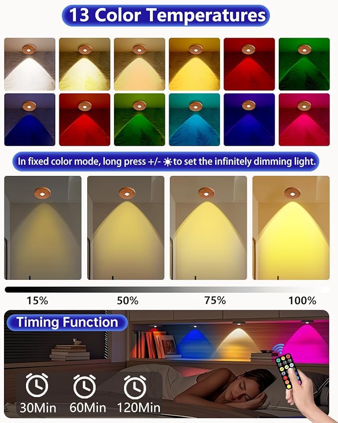 Puck lights with remote, 2000mAh rechargeable cabinet light, Under Cabinet Lighting Wireless, Display Cabinet, Dimmable Magnetic Stick-On Shelf , push lights battery operated，(Wood Color, 3 Pcs)