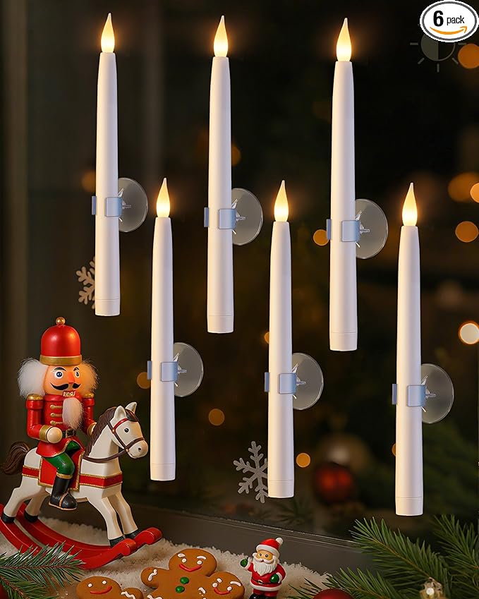 SURAIELEC 10.5'' Battery Window Candles with Suction Cups, Dusk-to-Dawn Window Candles, 3000K Warm White, Flameless LED Candle for Indoor Xmas Windows, 6 Pack (Rechargeable Battery Not Compatible)