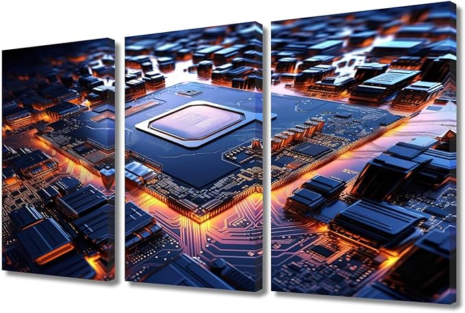 Visual Art Decor 3 Pieces Canvas Wall Art Computer Processors CPU Picture Prints Art Work for Home Circuit Board Pictures Modern Wall Art for Bedroom Bathroom Office Framed Ready to Hang (36"Wx24"H)