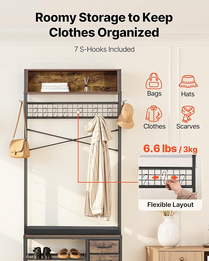 VEVOR Hall Tree with Bench and Shoe Storage, Entryway Bench with Coat Rack, 3 Drawers, 3 Storage Cubbies, 7 Hooks with Soft Cushion for Entryway, Hallway