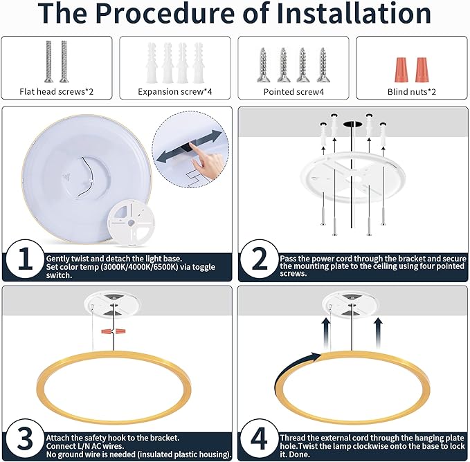 MOONSEA 20 Inch Flush Mount LED Ceiling Light Fixture 42W, 4200LM Dimmable 3000K/4000K/6500K 3 Color Selectable, Low Profile Ceiling Lamp for Kitchen Bedroom Hallway, Gold