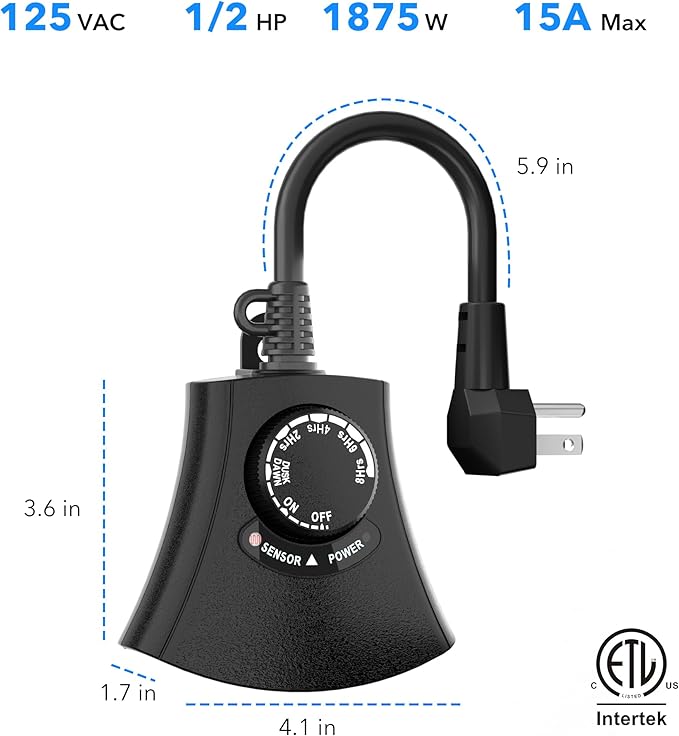 HBN Outdoor Light Timer Waterproof, Weatherproof Photocell Dusk to Dawn Light Sensor, 2/4/6/8 Countdown Timer, 3 Grounded Outlet for Christmas Lights，Hallowen Deceration，1875W 15A 1/2HP