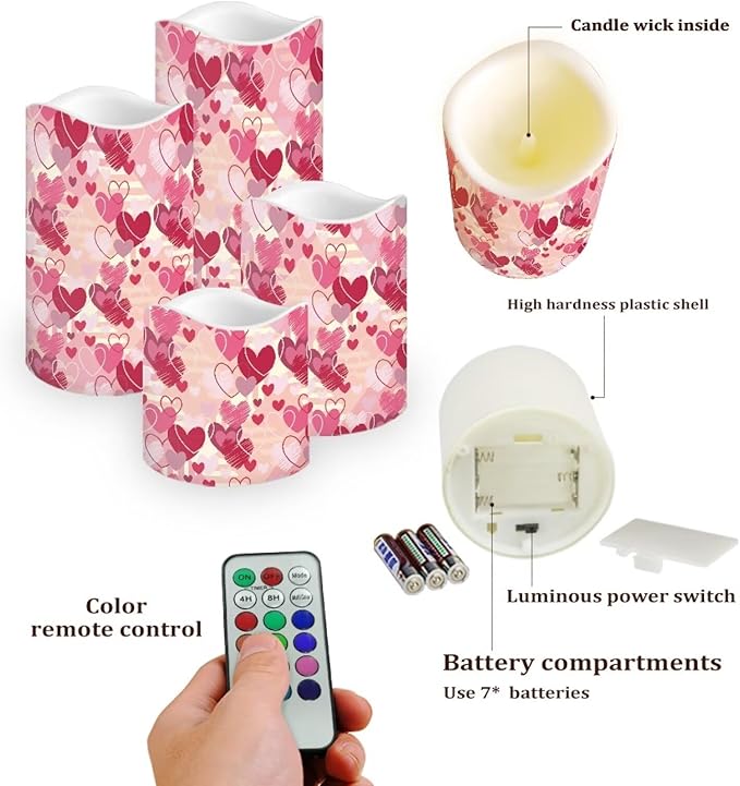 Pink Heart Theme Plastic Flameless Candles with Remote Control and Timer LED Flickering Battery Electric Pillar Candles for Table Valentine's Day Decoration