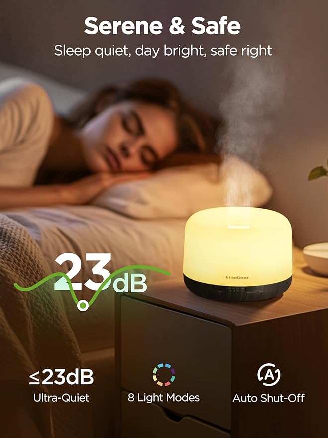 InnoGear Aromatherapy Diffuser & 10 Essential Oils Set, 500ml Essential Oil Diffuser with Remote Control Ultrasonic Cool Mist Scent Humidifier Vaporizer Auto-Off Timer for Room Office Home, Brown