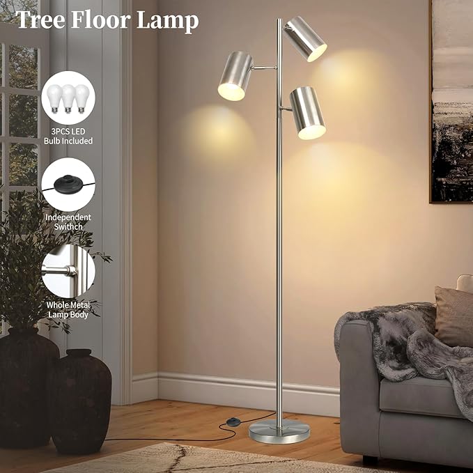 Tree Floor Lamp with 3 Light Bulbs,Nickel Standing Tall Pole Lamp with 3 Adjustable Rotating Lights,Farmhouse Floor Lamp for Living Room Bedroom Office,Vintage Standing Lamp 9W E26 LED Bulbs Included.