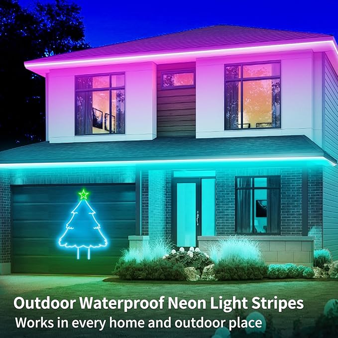 65.6FT Neon Rope Light,IP65 Waterproof RGB LED Strip Lights,Neon LED Lights with 40 Key Remote and APP Control for DIY Design,Multiple Modes for Bedroom,Holiday Decor（with Snap &Screws）