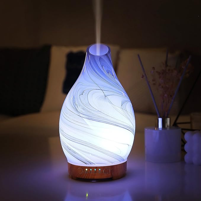Essential Oil Diffuser, Art Glass Ultrasonic Aromatherapy Diffuser for Home 160ml with Intermittent Mist & LED 7 Colorful Changing Night Light for Bedroom-Ink Dyeing Time
