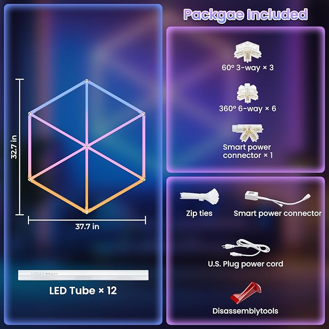 Hexagon Garage Lights RGB - Music Sync Mode with 358 Dynamic Colors, Wireless APP，Voice Control for Man Caves, Game Rooms, Bars