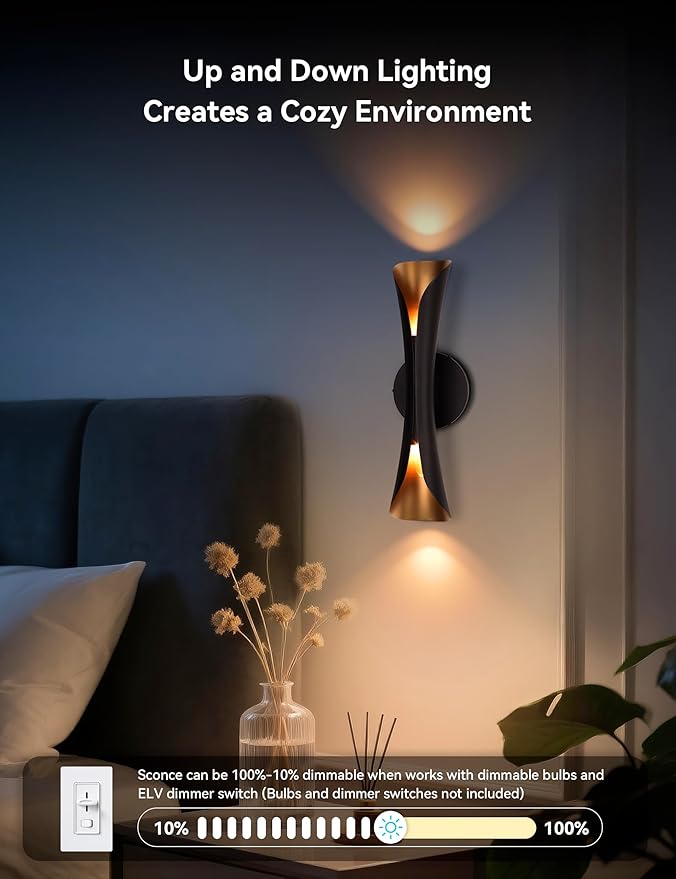 Tubicen Wall Sconces Dimmable Up and Down Indoor Theater Sconce Lights Black and Gold Hardwired Modern Decorative Wall Lights for Living Room Bedroom Hallway Stairway 15.7" H
