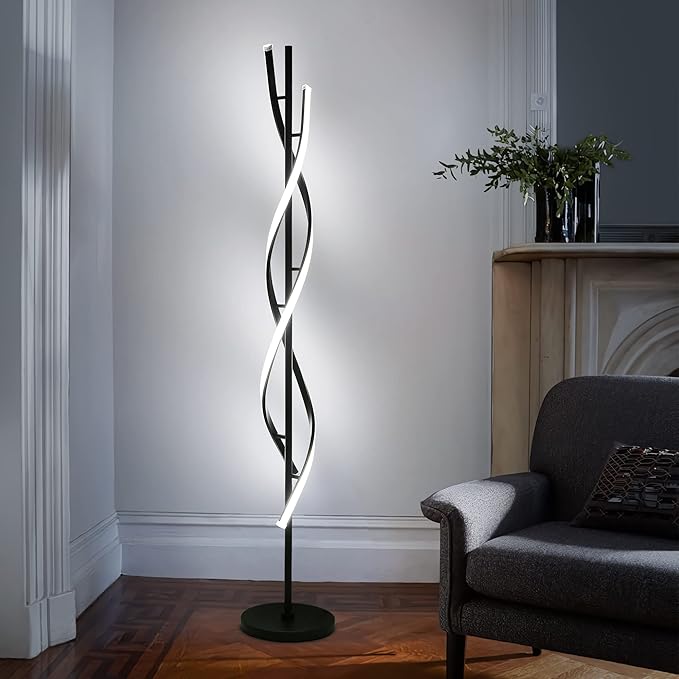 JUTIFAN Modern Spiral Floor Lamp for Living Room, 30W Dimmable Led Corner Floor Lamp with Remote Control, 53 Inch Black Floor Lamps 3 Color Tall Corner Reading Lamp Standing Floor Lamps for Bedroom