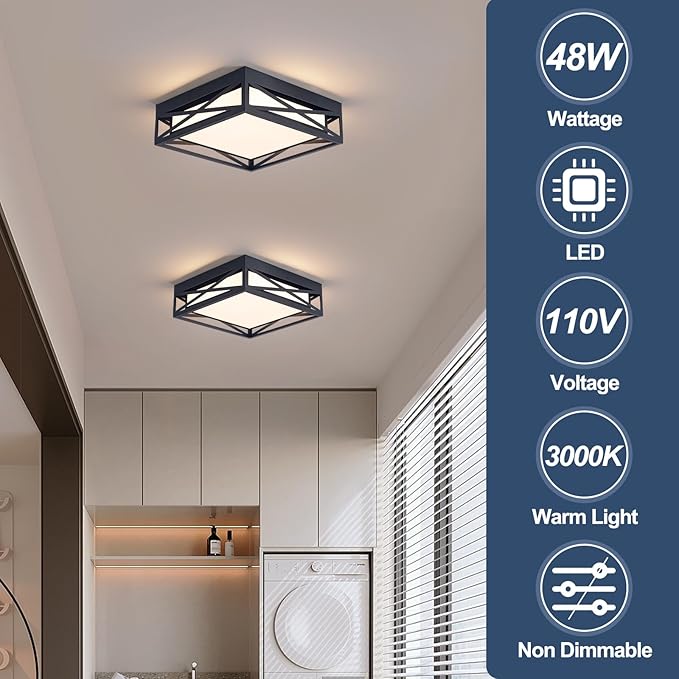 Modern LED Ceiling Light Fixture, Square LED Flush Mount Hallway Light Fixtures, Farmhouse Black Close to Ceiling Light for Hallway Bedroom Balcony Porch Stairway Ceiling Lamp (Square, 3000K)