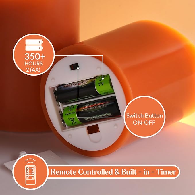 Eywamage Orange Flameless Pillar Candles with Remote, Flickering Real Wax LED Battery Candles Home Table Decor Set of 3