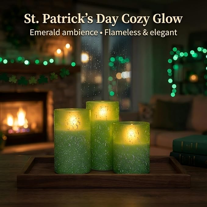 Green Flameless Candles with Remote, Glass Flickering Battery Operated LED Pillar Candles with Timer, Real Wax, Set of 3 x4/5"/6"