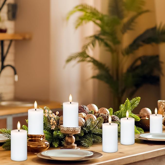 DRomance Flameless LED Pillar Candles with 10-Key Remote and Timer 6 Pack Real Wax Battery Operated Candles 3D Wick Flickering Warm Light Wedding Dinner Holiday Decor(White, 1.9" D x 4.5" H)