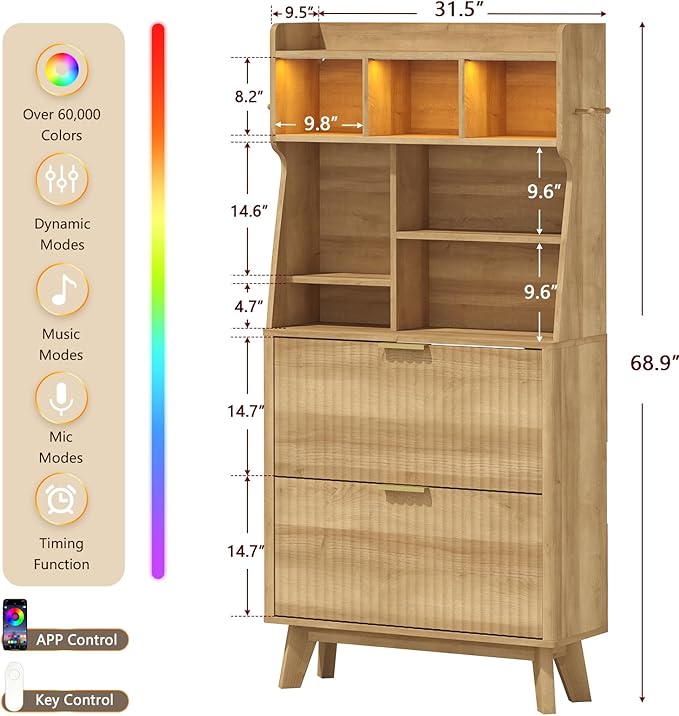 TVU Hall Tree with 2 Height-Adjustable Flip-Top Shoe Cabinets, Rustic Style Entryway Coat Rack with LED Lights, Tall Entryway Coat Rack with 4 Coat Hooks & 7 Height-Adjustable Storage Compartments
