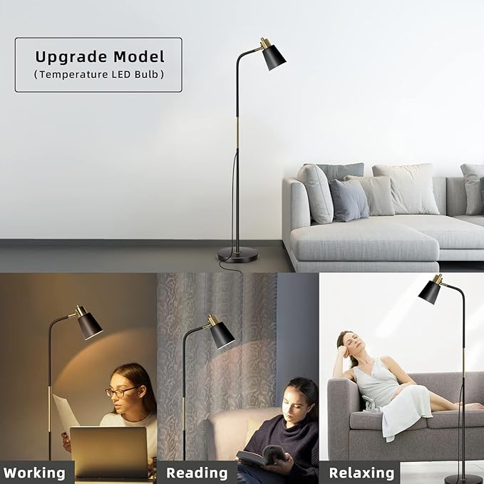 Floor Lamp, 3-Color TemperatureFloor Lamps for Living Rooms & Bedrooms, Farmhouse Reading Lamp - Standing, Adjustable Metal Heads Indoor Task Lighting for Living Room Bedroom Office (3-Color Black)