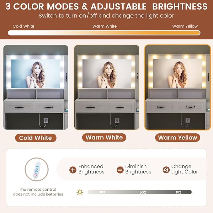 Farmhouse Makeup Vanity with Lighted Mirror, 45.3'' Vanity Desk with Charging Station, 5 Drawers & Open Shelves, Vanity Table Makeup Desk with 1 Cabinet & 9 Hooks for Bedroom (White)