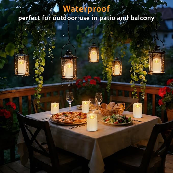 Pure White Flameless Candles, Patented 3D Dual-LED, Set of 6 Slanted Resin Pillars with 2 Remotes, Waterproof Non-Melting Battery Operated Decor for Patio Lanterns, White