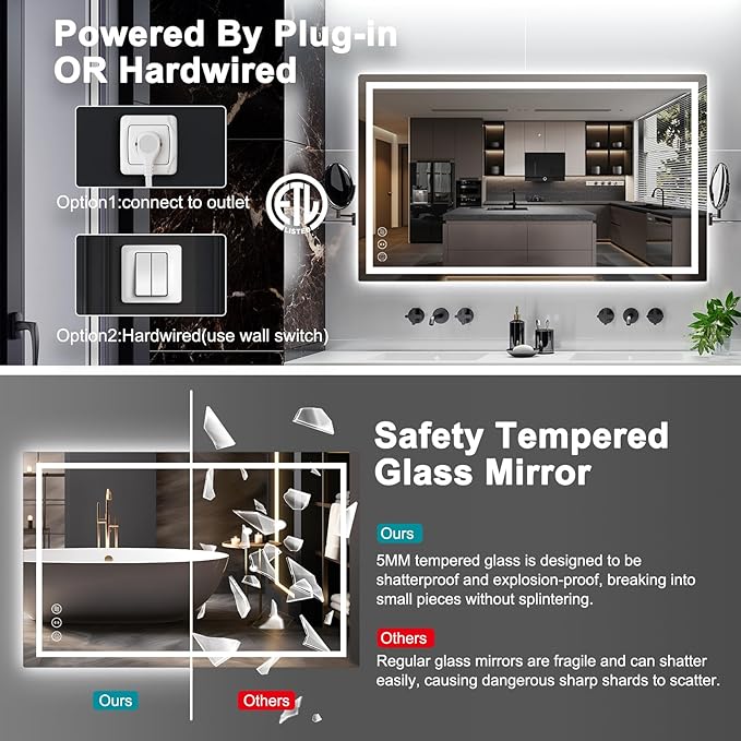 55x36 LED Bathroom Mirror with Lights, Anti Fog Vanity Mirror Wall Mounted, Dimmable Front Light and Backlight, Memory Function Tempered Glass, Shatter Proof ETL Listed