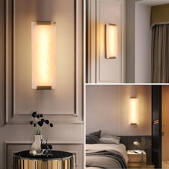 14.2in Alabaster Wall Sconce, Large Natural Marble Wall Light Decor, LED Modern Wall Lamp for Bedroom, Stairs, Living Room, Vanity, Bedside, Hallway （Brushed Bronze 12W）
