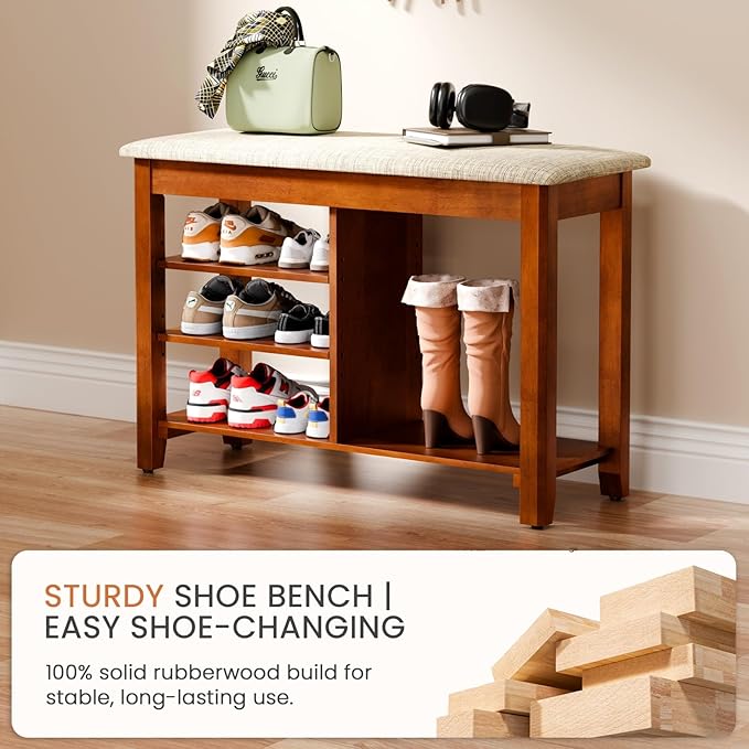 Shoe Rack Bench, Solid Wood Entryway Bench with Cushion and Flip-Top Storage, Adjustable Shelf, Shoe Organizer Bench for Front Door Entrance, Hallway, Living Room, Mudroom (Beige, 31.5" L)